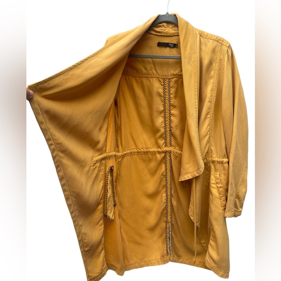 Max Jeans Draped Jacket in Mustard Yellow, Fall Trench Coat, Open Tie Front Coat - Picture 10 of 13